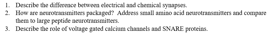 1. Describe the difference between electrical and chemical synapses.
2. How are neurotransmitters packaged? Address small amino acid neurotransmitters and compare
them to large peptide neurotransmitters.
3. Describe the role of voltage gated calcium channels and SNARE proteins.