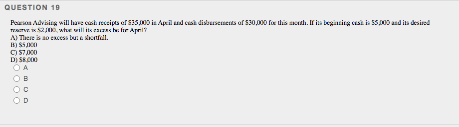 QUESTION 19
Pearson Advising will have cash receipts of $35,000 in April and cash disbursements of $30,000 for this month. If its beginning cash is $5,000 and its desired
reserve is $2,000, what will its excess be for April?
A) There is no excess but a shortfall.
B) $5,000
C) S7,000
D) $8,000
