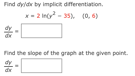 Find dy/dx by implicit differentiation.
x = 2 In(y? – 35), (0,6)
dy
dx
Find the slope of the graph at the given point.
dy
dx
