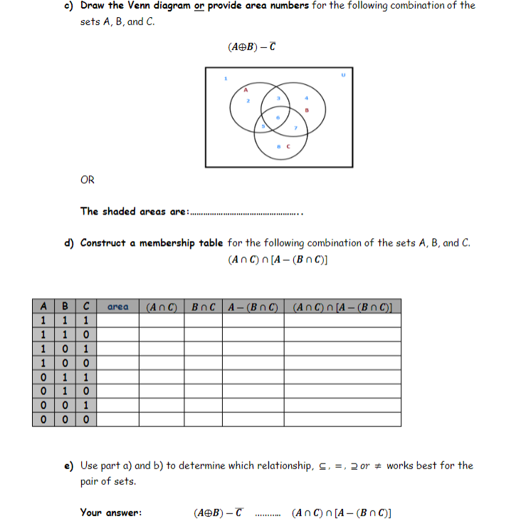 c) Draw the Venn diagram or provide area numbers for the following combination of the
sets A, B, and C.
(АөВ) — С
BC
OR
The shaded areas are:.
d) Construct a membership table for the following combination of the sets A, B, and C.
(An C) n [A – (Bn C)]
А В с area
11 1
10
0 1
(An C) BnC A – (B n C) | (AnC) n [A – (B n C)]
1
1
1
1 1
10
0 1
e) Use part a) and b) to determine which relationship, s, =, 2 or # works best for the
pair of sets.
Your answer:
(АӨВ) — С
(An C) n [A – (B n C)]
