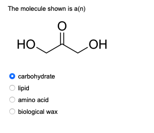 The molecule shown is a(n)
요
НО.
carbohydrate
lipid
amino acid
biological wax
ОН