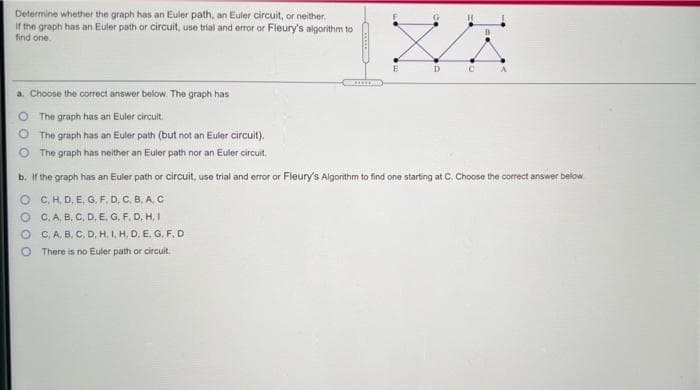 Determine whether the graph has an Euler path, an Euler circuit, or neither.
If the graph has an Euler path or circuit, use trial and error or Fleury's algorithm to
find one
E
D.
a. Choose the correct answer below. The graph has
O The graph has an Euler circuit.
O The graph has an Euler path (but not an Euler circuit).
O The graph has neither an Euler path nor an Euler circuit.
b. If the graph has an Euler path or circuit, use trial and error or Fleury's Algonithm to find one starting at C. Choose the correct answer below
O C. H, D, E. G. F. D. C. B, A, C
O C. A, B, C, D, E, G, F, D, H, I
O C. A. B. C, D, H. I, H. D. E. G, F. D
O There is no Euler path or circuit.
K
