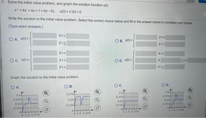 3. Solve the initial value problem, and graph the solution function x(t).
x" +4x' +4x=1+8(t-6);
x(0)=x'(0)=0
Write the solution to the initial value problem. Select the correct choice below and fill in the answer boxes to complete your choice.
(Type exact answers.)
OA. x(t)=
Oc. x(t)=.
0.5
0.375-
025-
0.125-
04
Graph the solution to the initial value problem.
OA.
O B.
03691215
ift<
ift
Q
ift<
ift=
if t>
0.375
025
0.125
otttt
03691215
OB. X(t)=.
OD. x(t)=.
OC.
054
0.375
0.25
0.125
of
03691215
Q
ift#
ift=
ift<
if
if 12
All
OD.
ost
0.375
0:25
0.125
OF
Ste
03691215
2