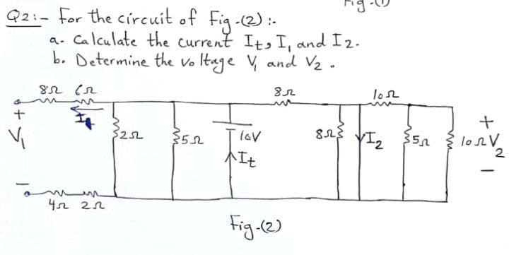 Q2:- For the circuit of Fig-2):-
a. Ca lculate the current Its I, and I2.
b. Determine the vo Itage V, and V2 .
lo2
$252
35,
loV
It
4n 2n
Fig.e)
