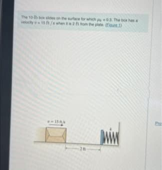 The 10-lb box slides on the surface for which
velocity
03. The box has a
15 ft/s when it is 2 ft from the plate. (Figure 1)
-15
MM