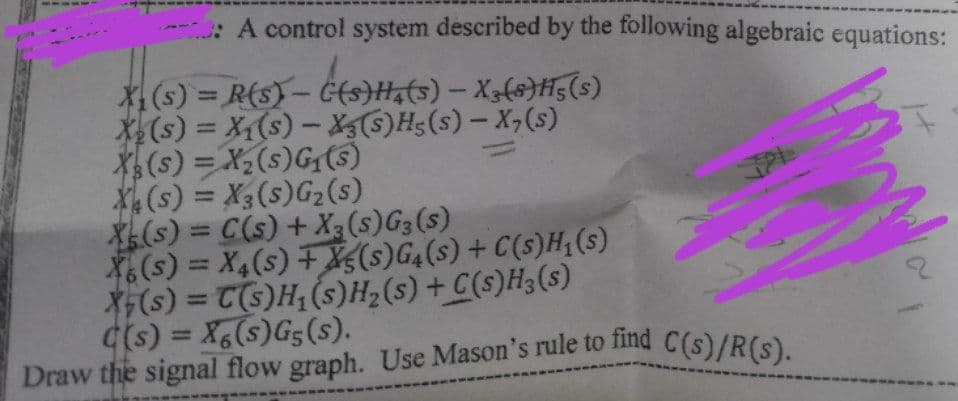 : A control system described by the following algebraic equations:
X(s) = R(s)- Ġ(s}H,(s) – X;(s}HĦ5(s)
X(s) = X(s) –X(s)H;(s)- X,(s)
X(s) = X,(s)G (s)
X4(s) = X3(s)G2(s)
X(s) = C(s) + X3 (s)G3(s)
X(s) = X4(s) F X{(s)G4(s)+ C(s)H;(s)
XF(s) = (s)H;(s)H2(s) + C(s)H3(s)
C(s) = X6(s)G5(s).
Draw the signal flow graph. Use Mason's rule to find C(s)/R(s)
%3D
%3D
%3D
%3D
%3D
