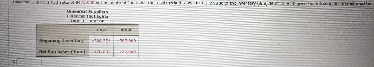 Universal Suppliers had sales of $473,000 in the month of June. Use the retail method to estimate the value of the inventory (in $) as of June 30 given the following financial information:
Universal Suppliers
Financial Highlights
June 1-June 30
Cost
Retail
Beginning Inventory $308,371 $587,900
Net Purchases (June) 170,001 222,900