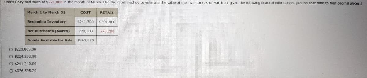 Don's Dairy had sales of $271,000 in the month of March. Use the retail method to estimate the value of the inventory as of March 31 given the following financial information. (Round cost ratio to four decimal places.)
March 1 to March 31
COST
RETAIL
Beginning Inventory
$241,700
$291,800
Net Purchases (March)
220,380 275,200
Goods Available for Sale
$462,080
O $220,865.00
O $224,288.00
O $241,240.00
O $376,595.20