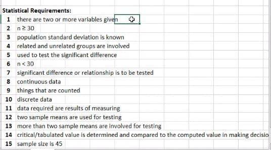 Statistical Requirements:
1 there are two or more variables given
2
n 230
3
population standard deviation is known
4 related and unrelated groups are involved
used to test the significant difference
5
6
n < 30
7
significant difference or relationship is to be tested
8 continuous data
9 things that are counted
10 discrete data
11 data required are results of measuring
12 two sample means are used for testing
13 more than two sample means are involved for testing
14 critical/tabulated value is determined and compared to the computed value in making decisio
15 sample size is 45