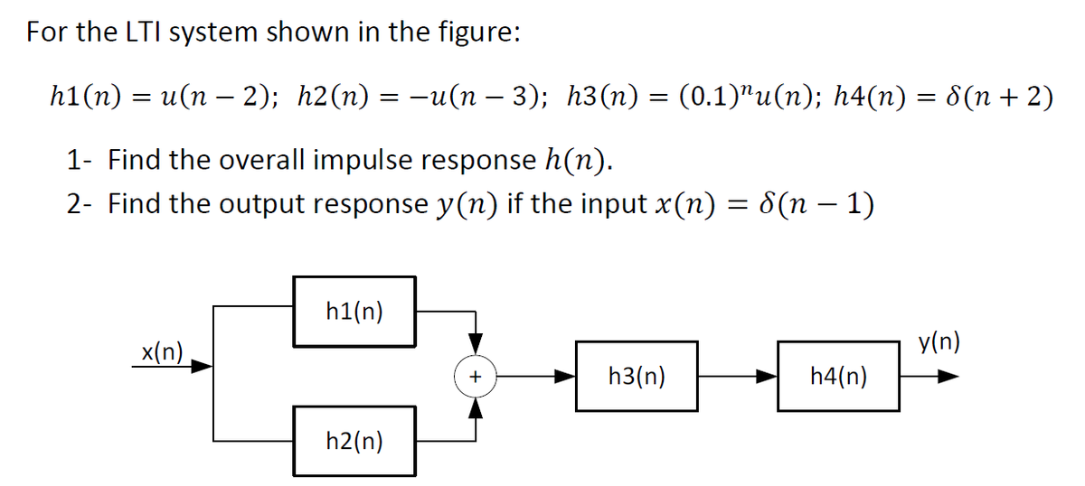 For the LTI system shown in the figure:
h1(п) — и(п - 2); h2(п) — -и(п — 3); һз(п) — (0.1)"u(п); һ4(n) — 8(п + 2)
=
1- Find the overall impulse response h(n).
2- Find the output response y(n) if the input x(n) = 8(n – 1)
h1(n)
y(n)
x(n)
h3(n)
h4(n)
h2(n)
