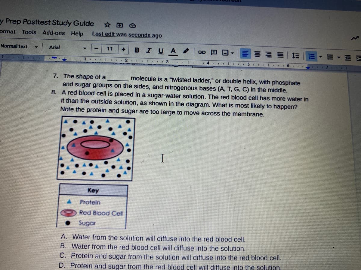 y Prep Posttest Study Guide
ormat Tools Add-ons Help
Last edit was seconds ago
Normal text
BIUA
Arial
11
E E
1115
3 ILel EI 4
5.
7. The shape of a
and sugar groups on the sides, and nitrogenous bases (A, T, G, C) in the middle.
8. A red blood cell is placed in a sugar-water solution. The red blood cell has more water in
it than the outside solution, as shown in the diagram. What is most likely to happen?
molecule is a "twisted ladder," or double helix, with phosphate
Note the protein and sugar are too large to move across the membrane.
I
Key
Protein
Red Blood Cel
Sugar
A. Water from the solution will diffuse into the red blood cell.
B. Water from the red blood cell will diffuse into the solution.
C. Protein and sugar from the solution will diffuse into the red blood cell.
D. Protein and sugar from the red blood cell will diffuse into the solution.
II
