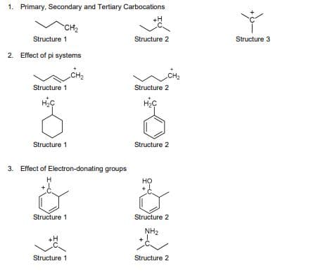 1. Primary, Secondary and Tertiary Carbocations
CH2
Structure 1
Structure 2
Structure 3
2. Effect of pi systems
CH2
Structure 1
Structure 2
Structure 1
Structure 2
3. Effect of Electron-donating groups
но
Structure 1
Structure 2
NH2
+H
Structure 1
Structure 2
