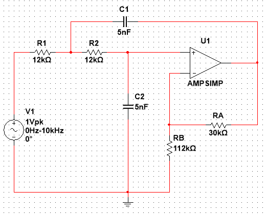 C1
5nF
R1
R2
12ko
12ΚΩ
AMP SIMP
C2
5nF
V1
1Vpk
OHz-10kHz
0°
RA
30KQ
RB
:112kΩ
.....
. ... . .... .
. ..
