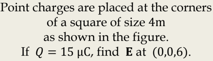 Point charges are placed at the corners
of a square of size 4m
as shown in the figure.
If Q = 15 µC, find E at (0,0,6).
