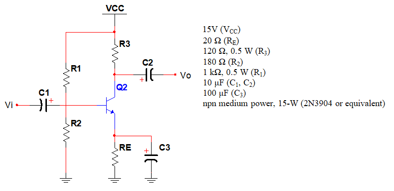 vcc
15V (Vcc)
20 Ω (RE)
120 2, 0.5 W (R3)
180 2 (R2)
1 k2, 0.5 W (R¡)
10 ШF (С1. С2)
100 µF (C;)
npn medium power, 15-W (2N3904 or equivalent)
R3
C2
R1
Vo
Q2
C1
Vi •
R2
RE
C3
