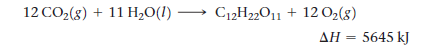 12 CO,(8) + 11 H,0(1) –→ C12H2„O11 + 12 O2(g)
AH = 5645 kJ

