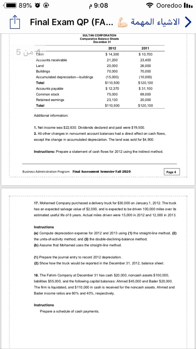 89%
P 9:08
* Ooredoo Iı.
Final Exam QP (FA... L äagall suöy >
SULTAN CORPORATION
Comparative Balance Sheets
December 31
2012
2011
2$
$ 14,300
$ 10,700
Accounts receivable
21,200
23,400
Land
20,000
26,000
70,000
Buildings
Accumulated depreciation-buildings
70,000
(10,000)
$120,100
(15,000)
Total
$110,500
Accounts payable
$ 12,370
$ 31,100
Common stock
75,000
69,000
Retained eanings
23,130
20,000
Total
$110,500
$120,100
Additional information:
1. Net income was $22,630. Dividends declared and paid were $19,500.
2. All other changes in noncurrent account balances had a direct effect on cash flows,
except the change in accumulated depreciation. The land was sold for $4,900.
Instructions: Prepare a statement of cash flows for 2012 using the indirect method.
Business Administration Program Final Assessment Semester Fall 2020
Page 4
17. Mohamed Company purchased a delivery truck for $30,000 on January 1, 2012. The truck
has an expected salvage value of $2,000, and is expected to be driven 100,000 miles over its
estimated useful life of 8 years. Actual miles driven were 15,000 in 2012 and 12,000 in 2013.
Instructions
(a) Compute depreciation expense for 2012 and 2013 using (1) the straight-line method, (2)
the units-of-activity method, and (3) the double-declining-balance method.
(b) Assume that Mohamed uses the straight-line method.
(1) Prepare the journal entry to record 2012 depreciation.
(2) Show how the truck would be reported in the December 31, 2012, balance sheet.
18. The Fahim Company at December 31 has cash $20,000, noncash assets $100,000,
liablities $55,000, and the following capital balances: Ahmed $45,000 and Bader $20,000.
The firm is liquidated, and $110,000 in cash is received for the noncash assets. Ahmed and
Bader income ratios are 60% and 40%, respectively.
Instructions
Prepare a schedule of cash payments.
