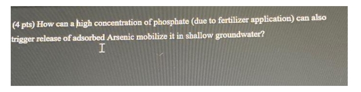(4 pts) How can a high concentration of phosphate (due to fertilizer application) can also
trigger release of adsorbed Arsenic mobilize it in shallow groundwater?
I