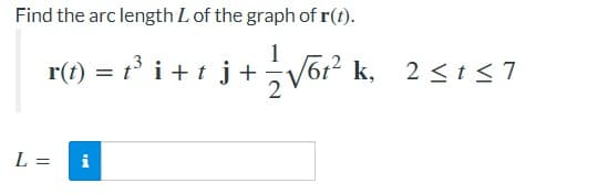 Find the arc length L of the graph of r(t).
r(t) t
L=
= B³i + 1 j + — √61²³ k, 2≤157
=
i