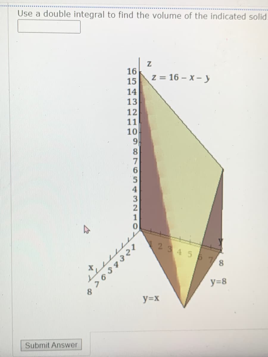 Use a double integral to find the volume of the indicated solid.
z = 16 – x - y
14
13
12
11
10
8
23455
8.
>oSgマ
y=8
y=x
Submit Answer
4543
4795 3210
