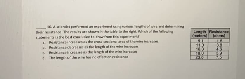 16. A scientist performed an experiment using various lengths of wire and determining
their resistance. The results are shown in the table to the right. Which of the following
statements is the best conclusion to draw from this experiment?
a. Resistance increases as the cross-sectional area of the wire increases
Length Resistance
(meters)
(ohms)
5.1
1.6
11.0
3.8
16.0
4.6
18.0
5.9
7.5
23.0
b. Resistance decreases as the length of the wire increases
c. Resistance increases as the length of the wire increases
d. The length of the wire has no effect on resistance
