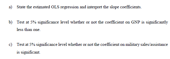 a) State the estimated OLS regression and interpret the slope coefficients.
b) Test at 5% significance level whether or not the coefficient on GNP is significantly
less than one.
c) Test at 5% significance level whether or not the coefficient on military sales/assistance
is significant.
