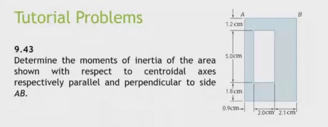 Tutorial Problems
1.2 cm
9.43
5.0cm
Determine the moments of inertia of the area
shown with respect to centroidal axes
respectively parallel and perpendicular to side
АВ.
1.8 cm
0.9cm-
2.0cm 2.1 cm
