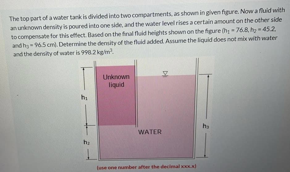 The top part of a water tank is divided into two compartments, as shown in given figure. Now a fluid with
an unknown density is poured into one side, and the water level rises a certain amount on the other side
to compensate for this effect. Based on the final fluid heights shown on the figure (h1 = 76.8, h2 = 45.2,
and h3 = 96.5 cm). Determine the density of the fluid added. Assume the liquid does not mix with water
and the density of water is 998.2 kg/m.
!!
%3D
Unknown
liquid
h3
WATER
h2
(use one number after the decimal xxx.x)
