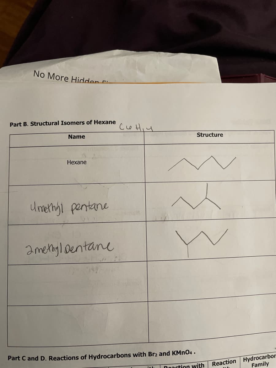 No More Hidden
Part B. Structural Isomers of Hexane
Name
Hexane
Umethyl pentane
2methyl Dentane
сини
Structure
Part C and D. Reactions of Hydrocarbons with Br2 and KMnO4.
Deaction with
CAL
Reaction Hydrocarbor
Family