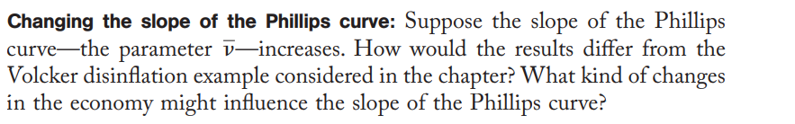 Changing the slope of the Phillips curve: Suppose the slope of the Phillips
curve the parameter -increases. How would the results differ from the
Volcker disinflation example considered in the chapter? What kind of changes
in the economy might influence the slope of the Phillips curve?
