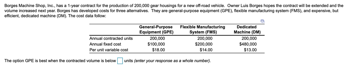 Borges Machine Shop, Inc., has a 1-year contract for the production of 200,000 gear housings for a new off-road vehicle. Owner Luis Borges hopes the contract will be extended and the
volume increased next year. Borges has developed costs for three alternatives. They are general-purpose equipment (GPE), flexible manufacturing system (FMS), and expensive, but
efficient, dedicated machine (DM). The cost data follow:
General-Purpose
Equipment (GPE)
Flexible Manufacturing
System (FMS)
Dedicated
Machine (DM)
Annual contracted units
200,000
200,000
200,000
$100,000
$18.00
$200,000
$14.00
$480,000
$13.00
Annual fixed cost
Per unit variable cost
The option GPE is best when the contracted volume is below
units (enter your response as a whole number).
