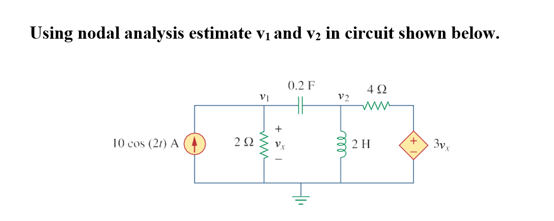 Using nodal analysis estimate vị and v2 in circuit shown below.
0.2 F
4Ω
v2
10 cos (2t) A
2Ω
2 H
3vx
ll
ww
