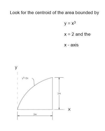 Look for the centroid of the area bounded by
y = x³
y
y²=2x
2m
2m
x = 2 and the
x - axis