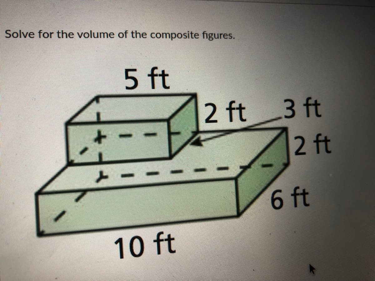 Solve for the volume of the composite figures.
5 ft
2 ft
3 ft
2 ft
6 ft
10 ft
