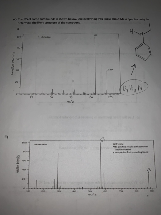 10. The MS of some compounds is shown below. Use everything you know about Mass Spectrometry to
determine the likely structure of the compound.
i)
H-
100
N- ethylaniline
80-
60 -
40-
121 M-
20-
25
50
75
100
125
m/z
lmot ulolom
ii)
100
Wet tests
No positive results with common
laboratory tests
sample isa fruity smelling llquid
60
20
10
20
30
40
SO
60
70
90
m/z
Relative Intensity
Reistive htersity
