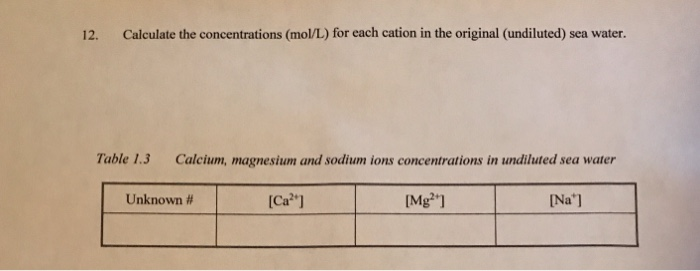 12.
Calculate the concentrations (mol/L) for each cation in the original (undiluted) sea water.
Table 1.3
Calcium, magnesium and sodium ions concentrations in undiluted sea water
Unknown #
[Ca"]
[Mg"]
[Na"]
