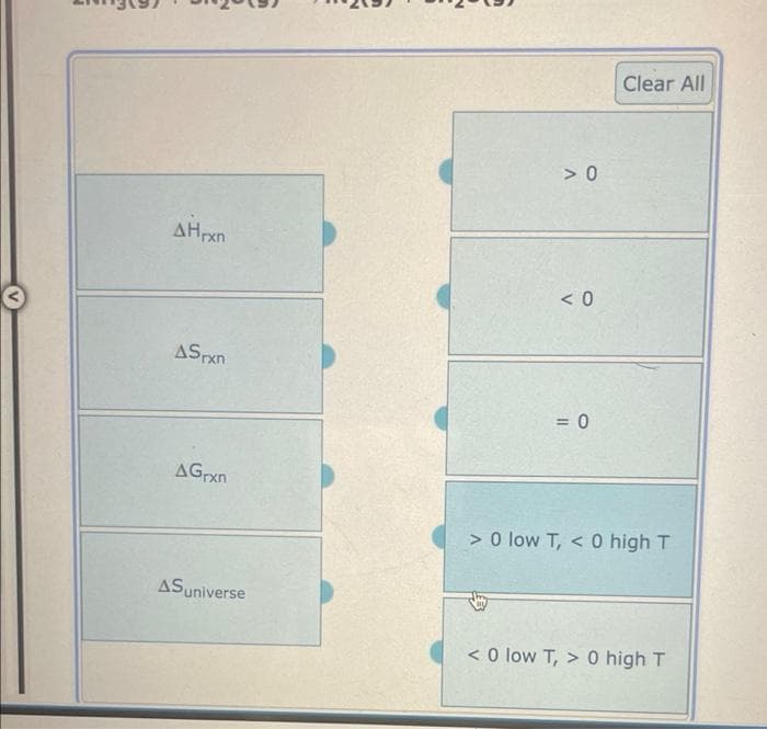 AHrxn
AS rxn
AGrxn
AS universe
>0
<0
Clear All
= 0
> 0 low T, < 0 high T
< 0 low T, > 0 high T