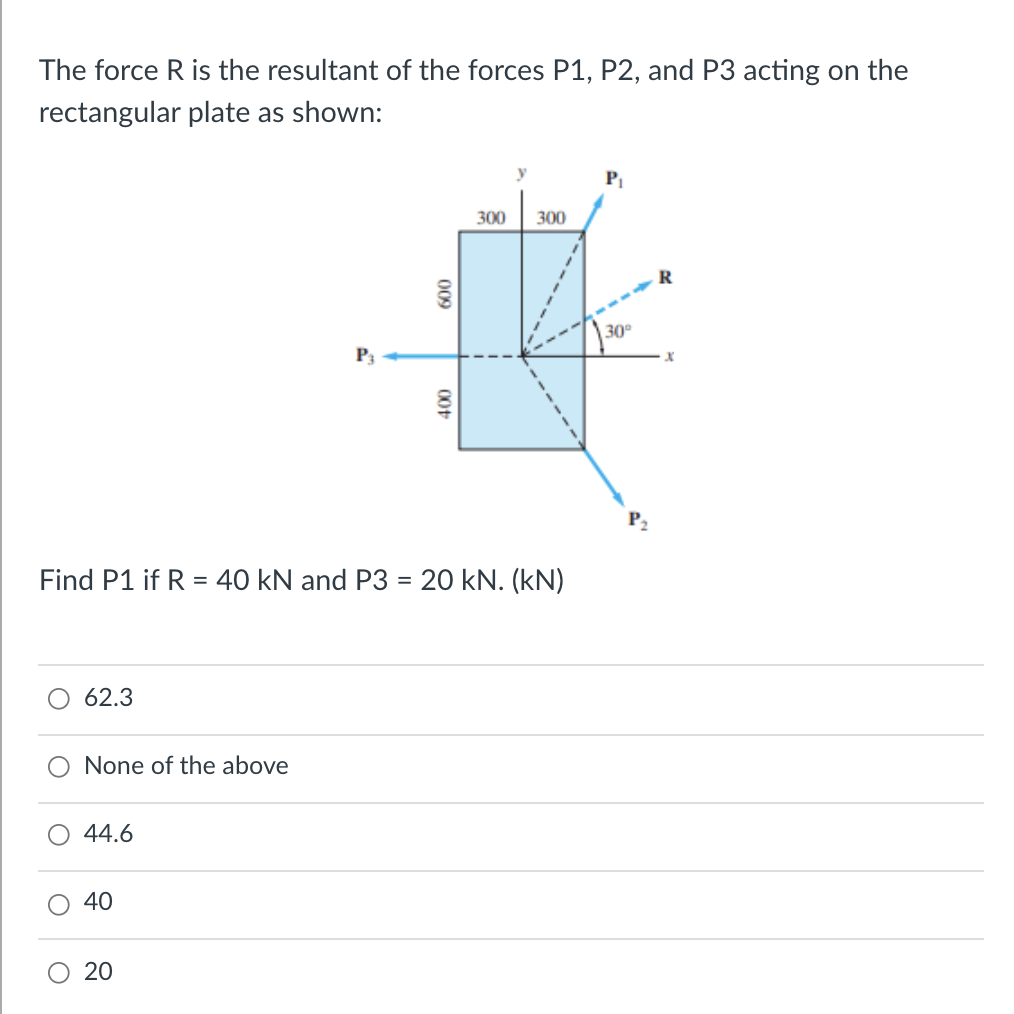 The force R is the resultant of the forces P1, P2, and P3 acting on the
rectangular plate as shown:
P
300
300
30°
P3
Find P1 if R = 40 kN and P3 = 20 kN. (kN)
62.3
None of the above
44.6
40
O 20
009
00
