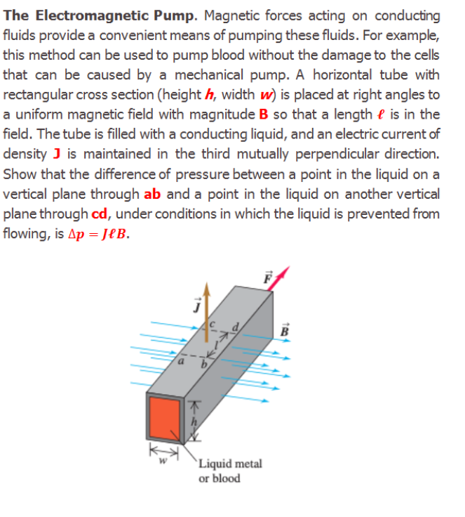 The Electromagnetic Pump. Magnetic forces acting on conducting
fluids provide a convenient means of pumping these fluids. For example,
this method can be used to pump blood without the damage to the cells
that can be caused by a mechanical pump. A horizontal tube with
rectangular cross section (height h, width w) is placed at right angles to
a uniform magnetic field with magnitude B so that a length e is in the
field. The tube is filled with a conducting liquid, and an electric current of
density J is maintained in the third mutually perpendicular direction.
Show that the difference of pressure between a point in the liquid on a
vertical plane through ab and a point in the liquid on another vertical
plane through cd, under conditions in which the liquid is prevented from
flowing, is Ap = JeB.
`Liquid metal
or blood
