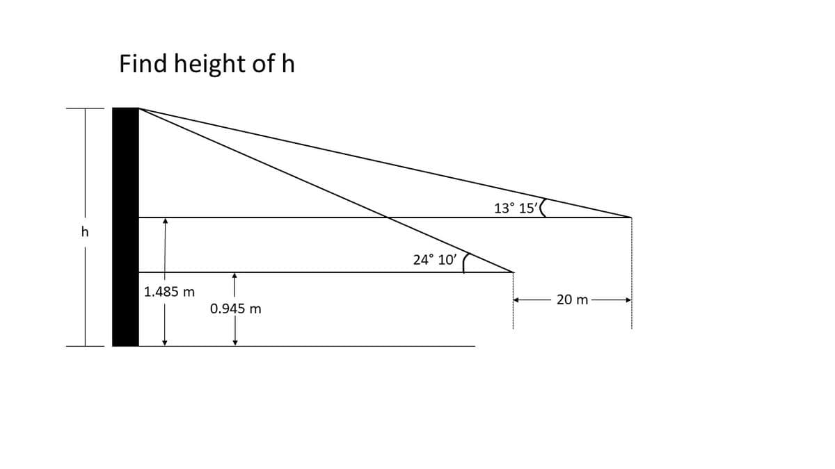 Find height of h
13° 15'
24° 10'
1.485 m
20 m
0.945 m
