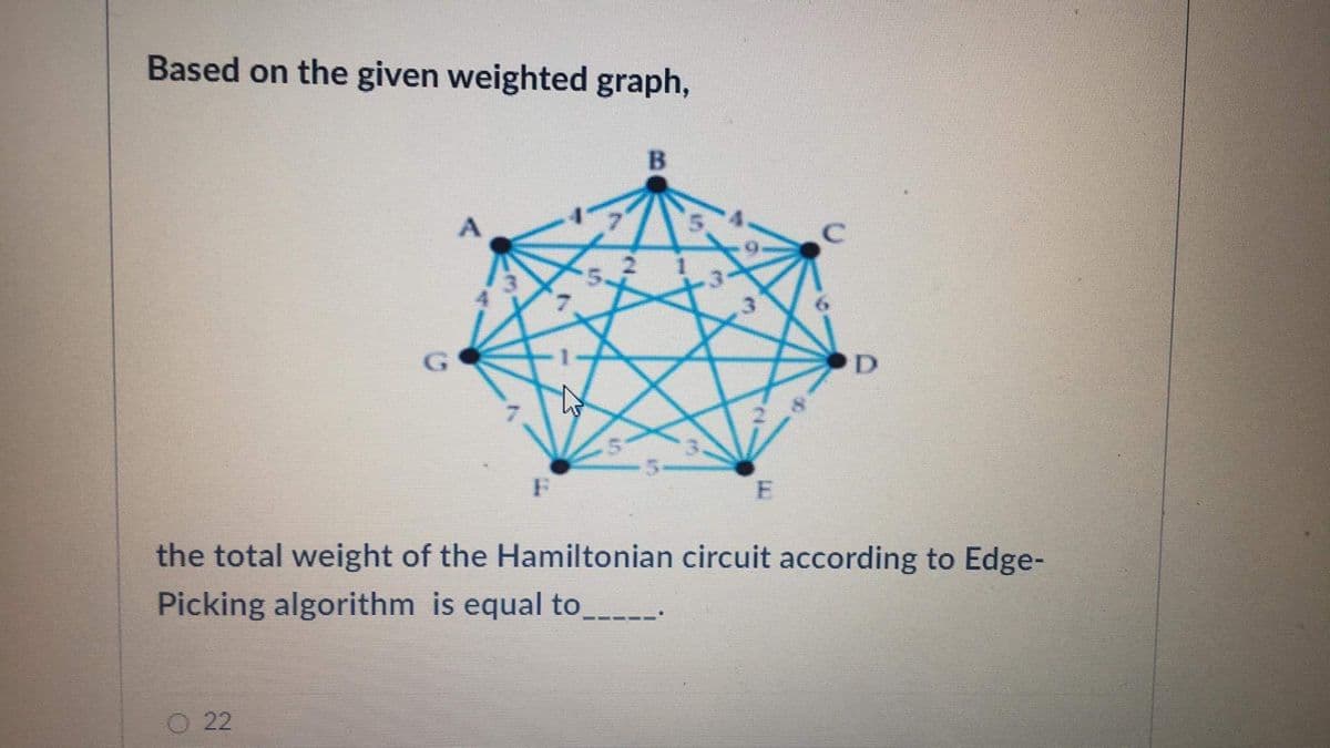 Based on the given weighted graph,
5,
D
the total weight of the Hamiltonian circuit according to Edge-
Picking algorithm is equal to-----
O 22
