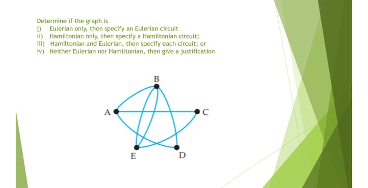 Determine if the graph is
i) Eulerian only, then specify an Eulerian circuit
ii) Hamiltonian only, then specify a Hamiltonian circuit;
iii) Hamiltonian and Eulerian, then specify each circuit; or
iv) Neither Eulerian nor Hamiltonian, then give a justification
B
A
E
D
