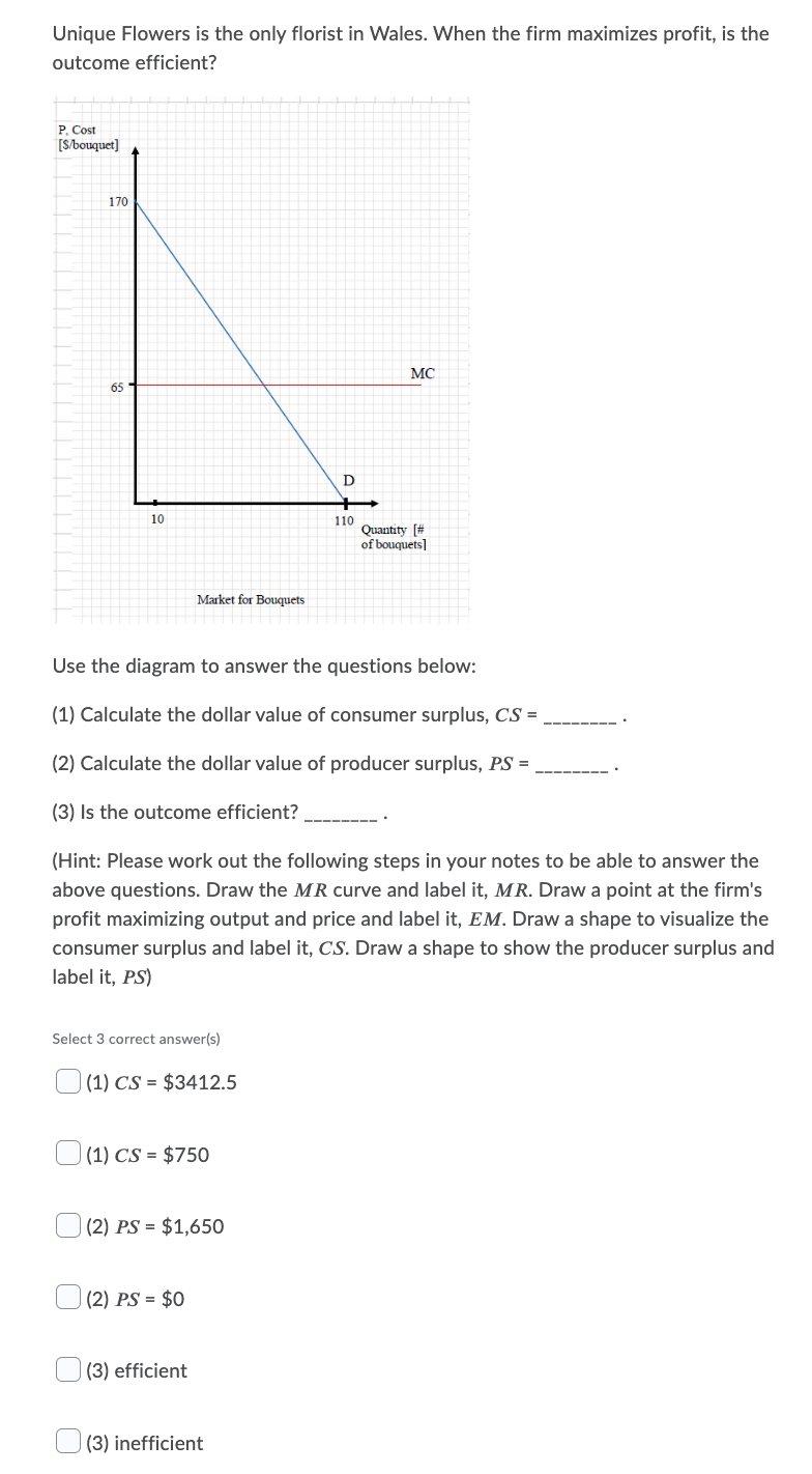 Unique Flowers is the only florist in Wales. When the firm maximizes profit, is the
outcome efficient?
P, Cost
[S/bouquet]
170
MC
65
D
10
110
Quantity [#
of bouquets]
Market for Bouquets
Use the diagram to answer the questions below:
(1) Calculate the dollar value of consumer surplus, CS =
(2) Calculate the dollar value of producer surplus, PS =
(3) Is the outcome efficient?
(Hint: Please work out the following steps in your notes to be able to answer the
above questions. Draw the MR curve and label
MR. Draw a point at the firm's
profit maximizing output and price and label it, EM. Draw a shape to visualize the
consumer surplus and label it, CS. Draw a shape to show the producer surplus and
label it, PS)
Select 3 correct answer(s)
(1) CS = $3412.5
(1) CS = $750
(2) PS = $1,650
(2) PS = $0
(3) efficient
(3) inefficient
