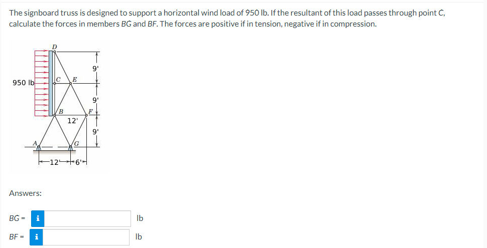 The signboard truss is designed to support a horizontal wind load of 950 lb. If the resultant of this load passes through point C,
calculate the forces in members BG and BF. The forces are positive if in tension, negative if in compression.
950 lb
Answers:
BG=
BF
i
i
D
C
B
E
12'
G
126¹
9'
9
F
9'
lb
lb