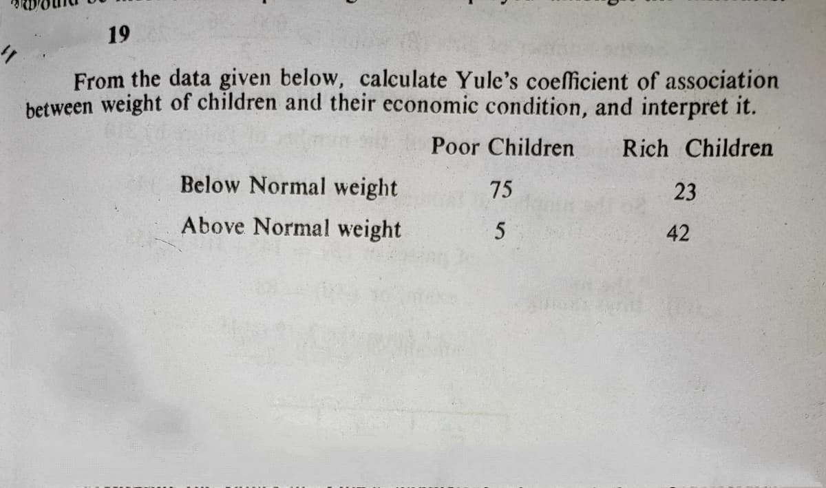 19
From the data given below, calculate Yule's coefficient of association
between weight of children and their economic condition, and interpret it.
Poor Children
Rich Children
Below Normal weight
75
23
Above Normal weight
42
