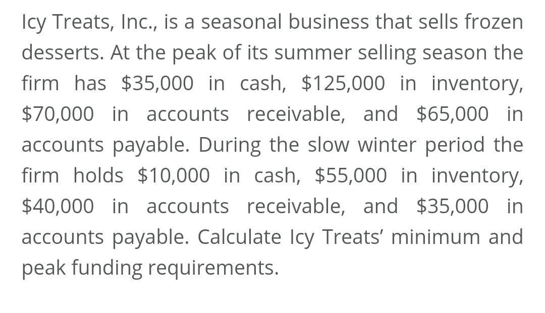 Icy Treats, Inc., is a seasonal business that sells frozen
desserts. At the peak of its summer selling season the
firm has $35,000 in cash, $125,000 in inventory,
$70,000 in accounts receivable, and $65,000 in
accounts payable. During the slow winter period the
firm holds $10,000 in cash, $55,000 in inventory,
$40,000 in accounts receivable, and $35,000 in
accounts payable. Calculate Icy Treats' minimum and
peak funding requirements.
