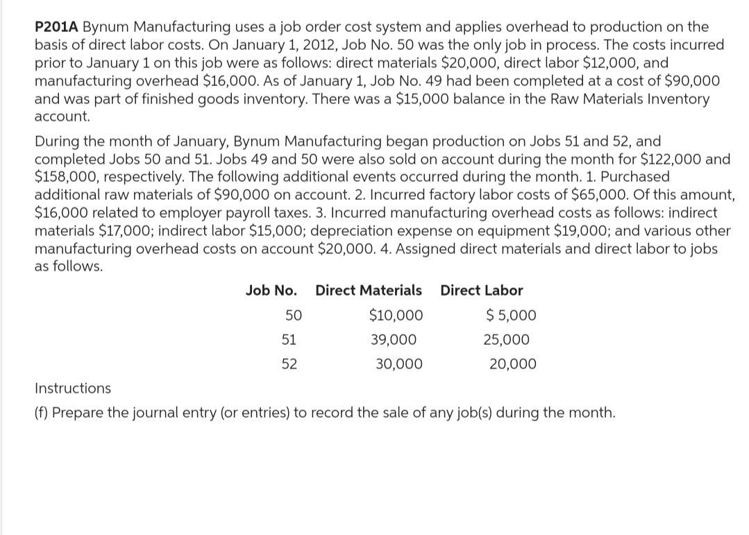 P201A Bynum Manufacturing uses a job order cost system and applies overhead to production on the
basis of direct labor costs. On January 1, 2012, Job No. 50 was the only job in process. The costs incurred
prior to January 1 on this job were as follows: direct materials $20,000, direct labor $12,000, and
manufacturing overhead $16,000. As of January 1, Job No. 49 had been completed at a cost of $90,000
and was part of finished goods inventory. There was a $15,000 balance in the Raw Materials Inventory
account.
During the month of January, Bynum Manufacturing began production on Jobs 51 and 52, and
completed Jobs 50 and 51. Jobs 49 and 50 were also sold on account during the month for $122,000 and
$158,000, respectively. The following additional events occurred during the month. 1. Purchased
additional raw materials of $90,000 on account. 2. Incurred factory labor costs of $65,000. Of this amount,
$16,000 related to employer payroll taxes. 3. Incurred manufacturing overhead costs as follows: indirect
materials $17,000; indirect labor $15,000; depreciation expense on equipment $19,000; and various other
manufacturing overhead costs on account $20,000. 4. Assigned direct materials and direct labor to jobs
as follows.
Job No. Direct Materials Direct Labor
50
$10,000
39,000
51
52
30,000
$ 5,000
25,000
20,000
Instructions
(f) Prepare the journal entry (or entries) to record the sale of any job(s) during the month.