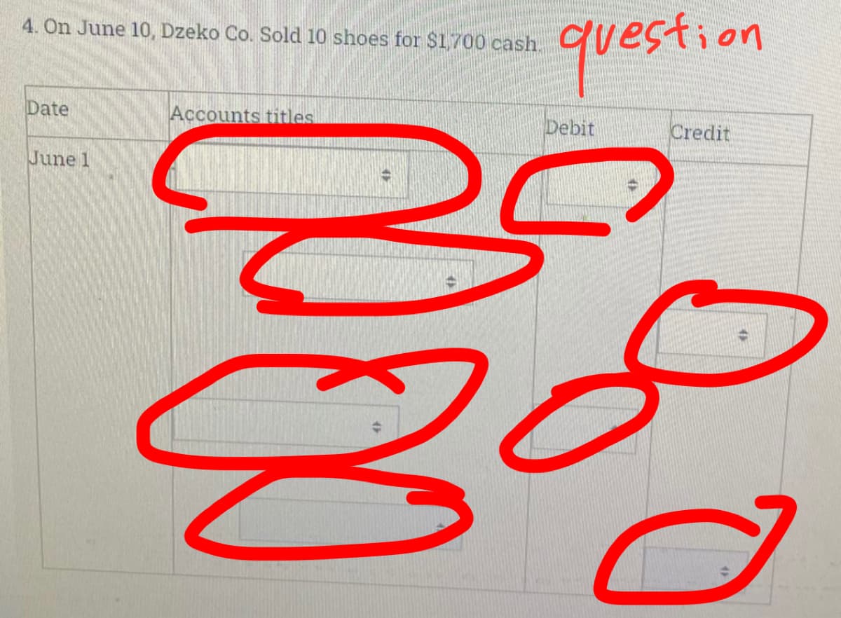 question
4. On June 10, Dzeko Co. Sold 10 shoes for $1,700 cash.
Date
Accounts titiles
Debit
Credit
June 1
