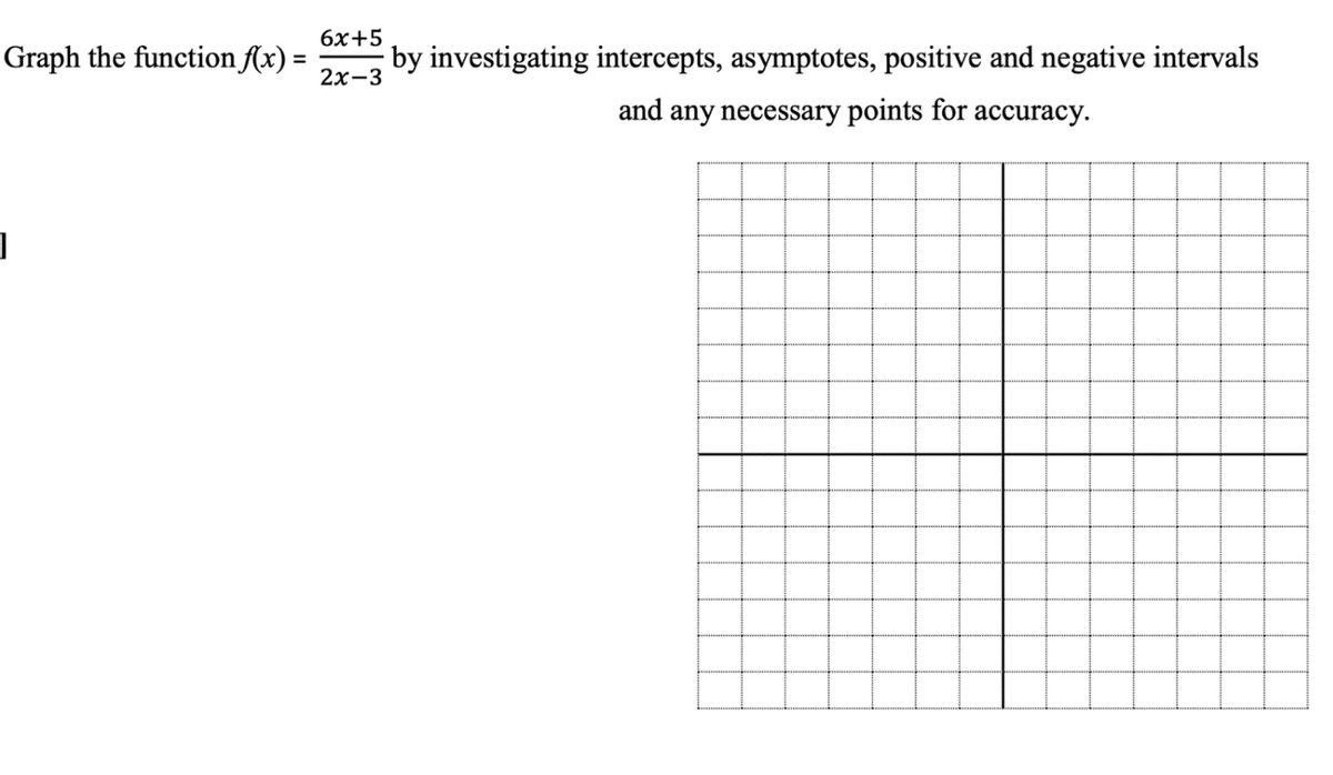 Graph the function f(x) =
]
6x+5
2x-3
by investigating intercepts, asymptotes, positive and negative intervals
and any necessary points for accuracy.