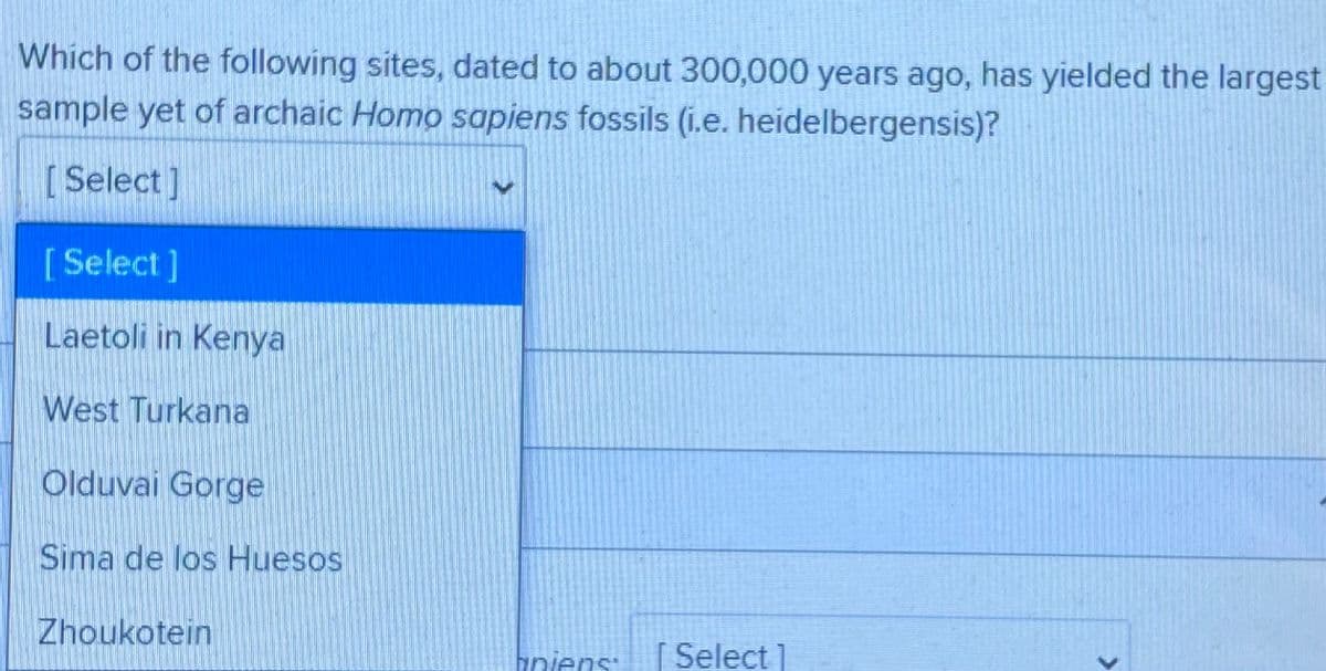 Which of the following sites, dated to about 300,000 years ago, has yielded the largest
sample yet of archaic Homo sapiens fossils (i.e. heidelbergensis)?
[ Select]
[ Select]
Laetoli in Kenya
West Turkana
Olduvai Gorge
Sima de los Huesos
Zhoukotein
bniens:
[ Select ]
